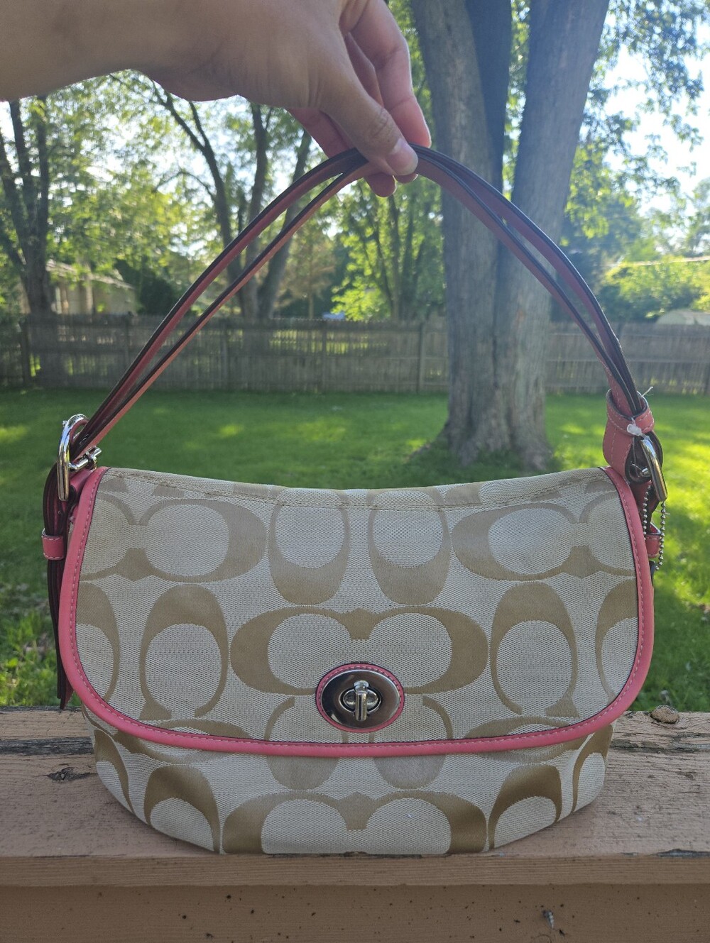 Coach Y2K Medium Flap Turnlock Monogram C Pink Trim Leather #F15171